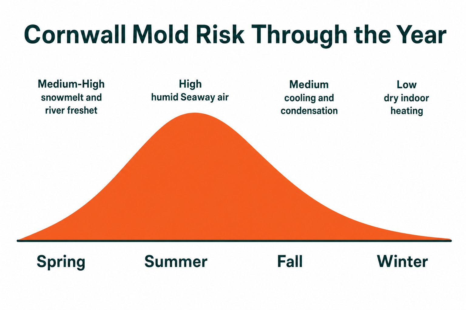 Year-round mold risk in Cornwall: medium-high in spring from snowmelt and the river freshet, high in the humid summer, medium in fall, and low in winter.