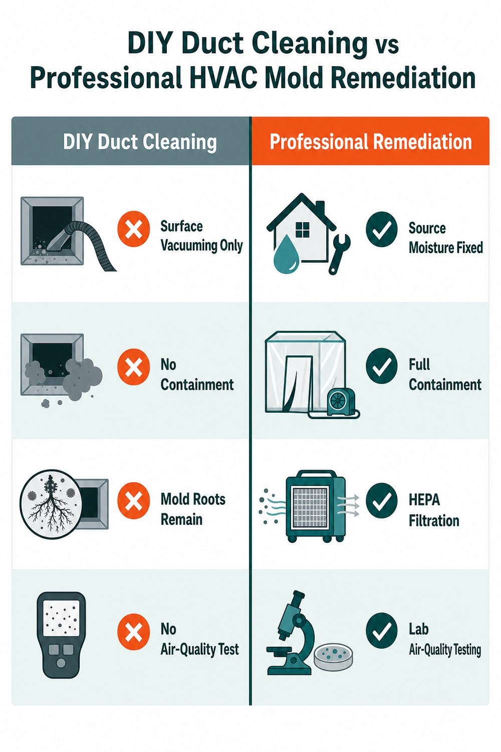 Comparison infographic: DIY duct cleaning versus professional HVAC mold remediation across containment, filtration, and testing