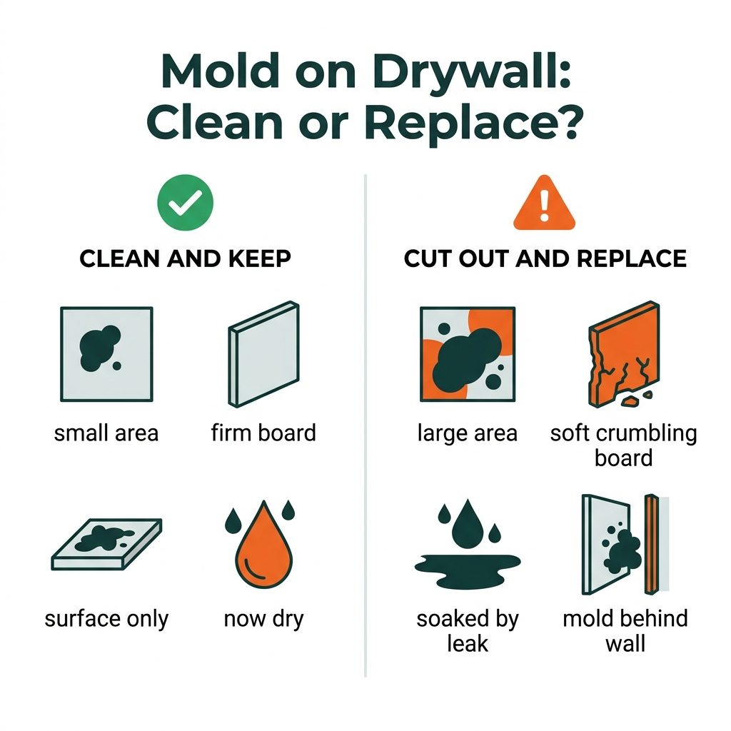 Infographic comparing when to clean and keep moldy drywall versus when to cut it out and replace it