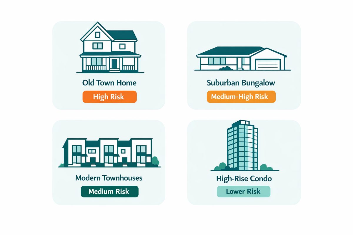 Mold risk by Mississauga housing type: pre-1974 town-core home in Port Credit, post-war suburban detached in Applewood, 1980s-2000s townhouse in Erin Mills, and a modern Square One condo, each showing common mold-prone areas.