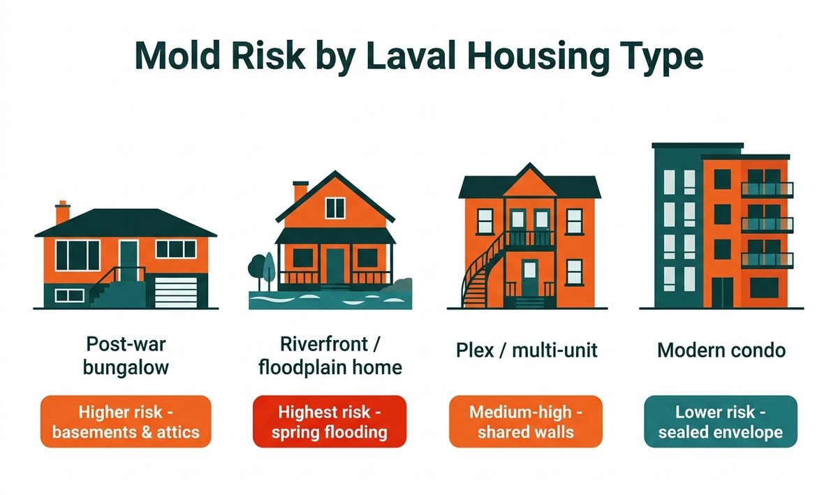 Mold risk by Laval housing type: post-war bungalow, riverfront floodplain home, plex multi-unit, and modern condo, each showing its common mold-prone areas