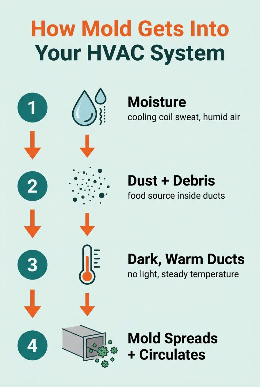 Infographic: how mold gets into an HVAC system in four stages, moisture, dust and debris, dark warm ducts, and mold spreading