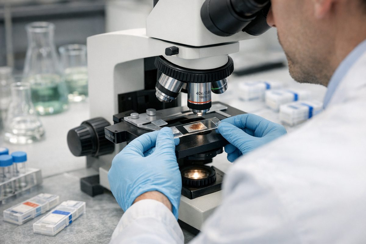 Accredited laboratory technician analyzing a Mold Busters air sample under a microscope