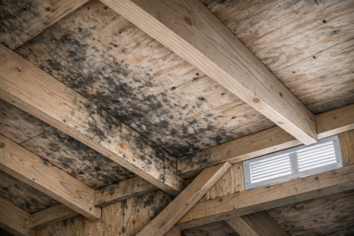 Mold on attic roof sheathing near a blocked vent, the ventilation-driven attic mold Mold Busters removes in Mississauga homes