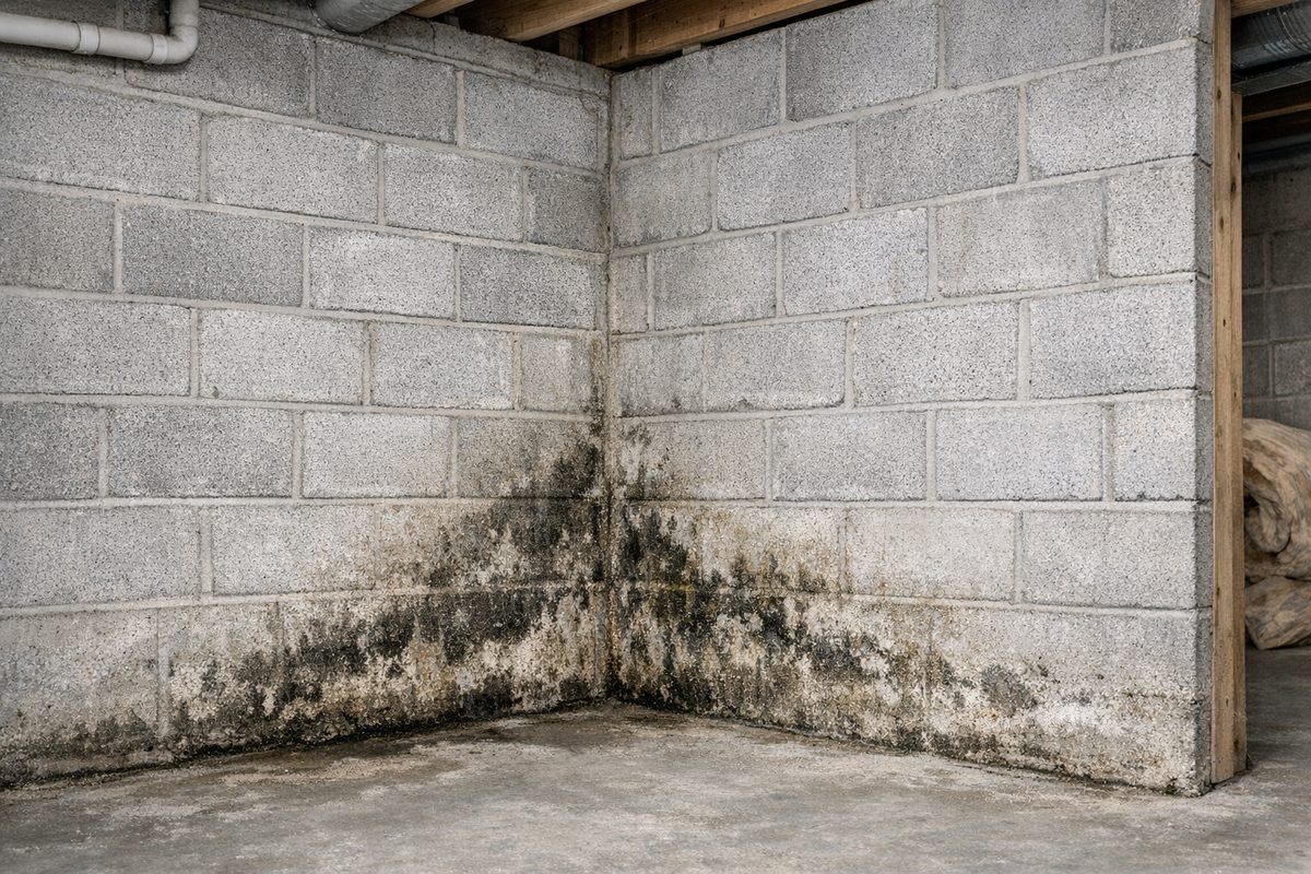 Mold and moisture staining on a basement cinder-block foundation wall, the basement mold Mold Busters removes in Mississauga homes