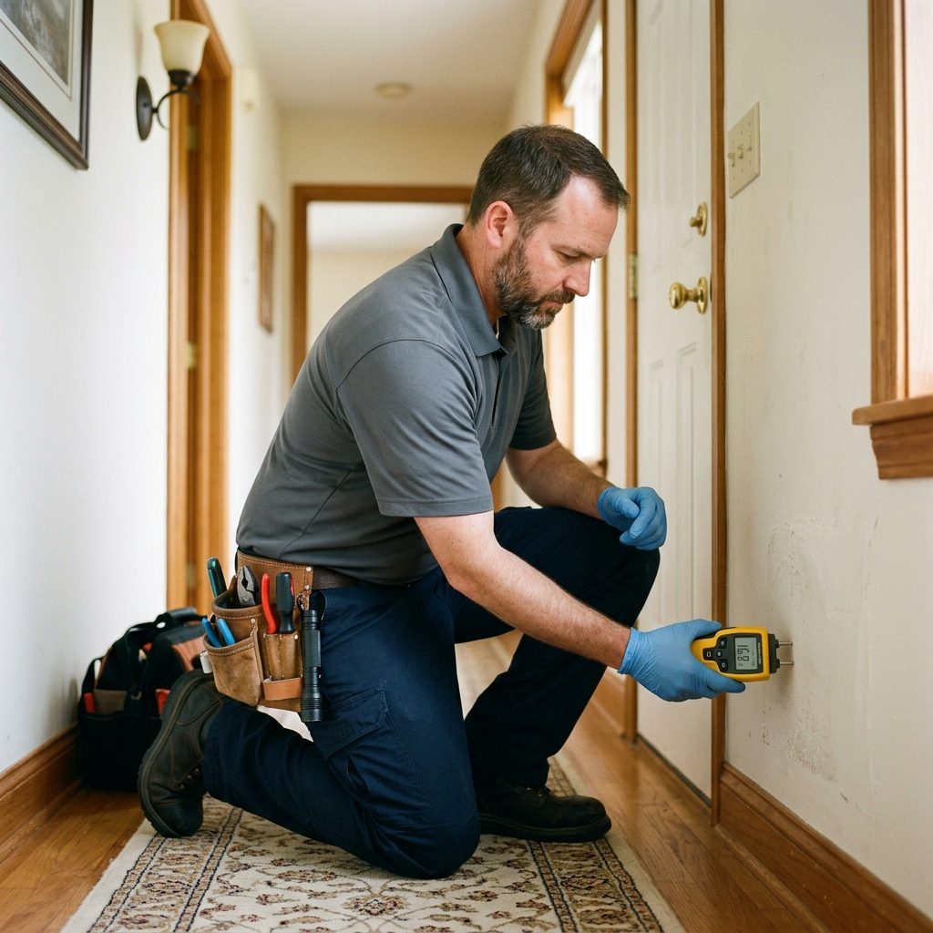 Mold Busters inspector using a moisture meter to check for mold behind a drywall wall