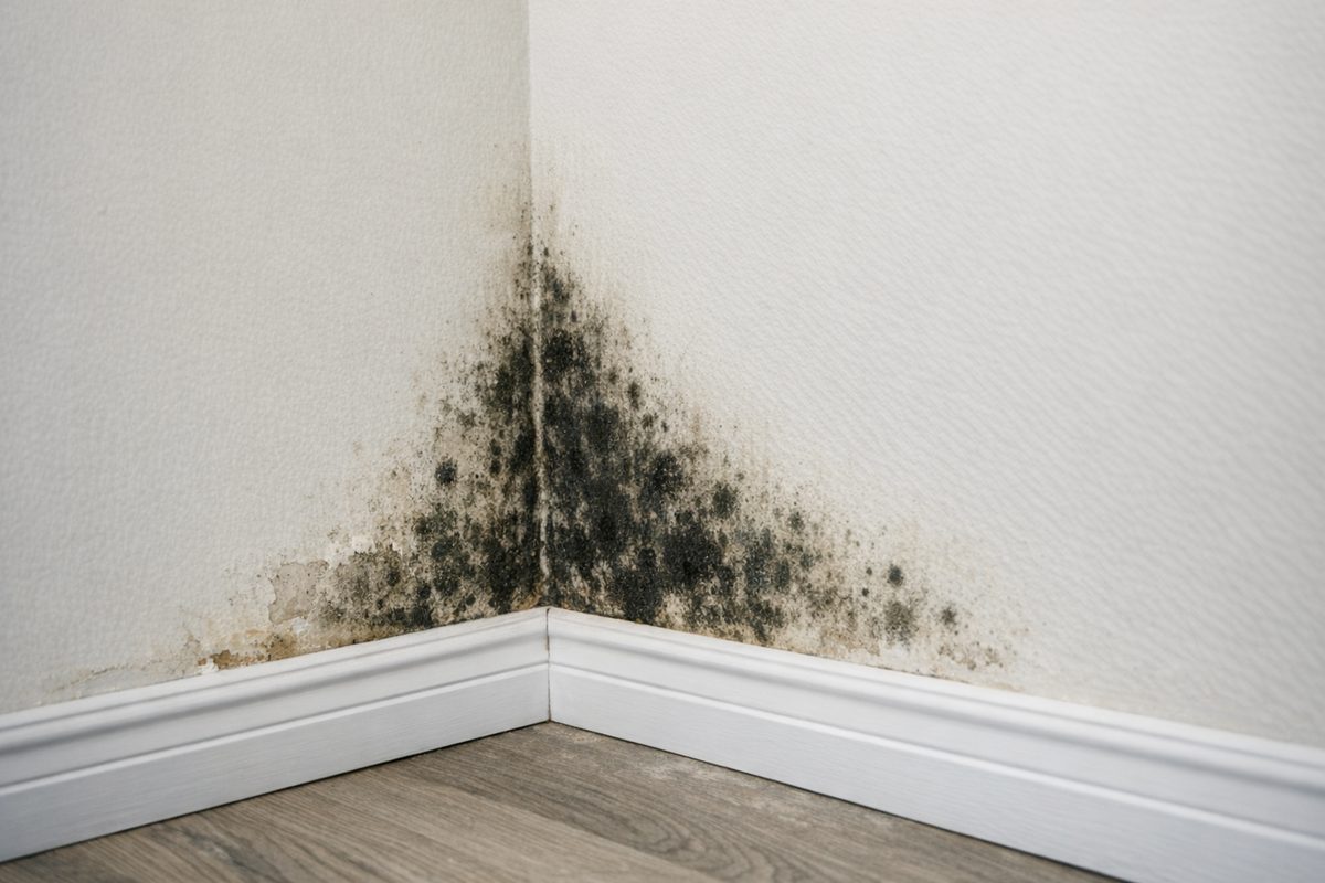 Black mold growth on interior drywall near a baseboard, the kind of black mold Mold Busters removes in Mississauga homes
