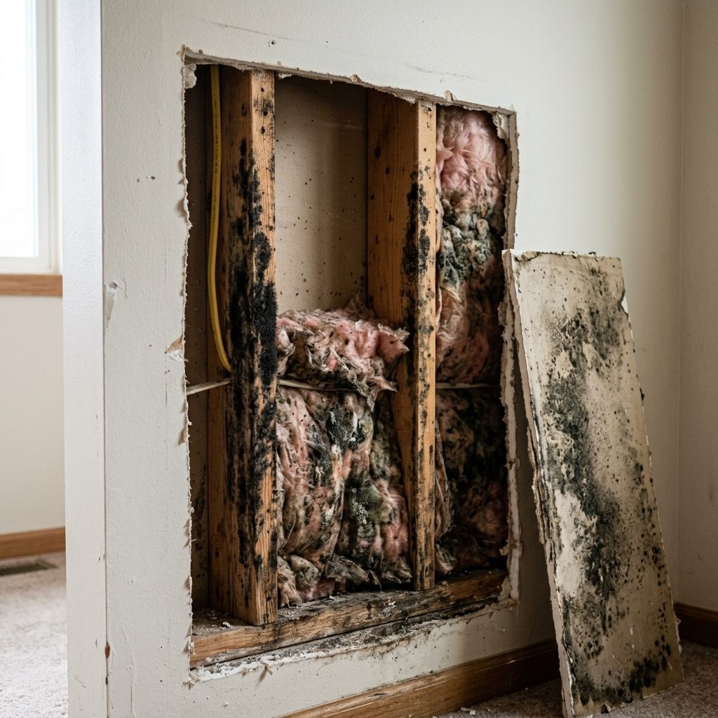 Moldy drywall removed to show mold growth on framing and insulation inside the wall cavity