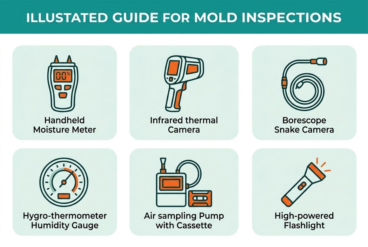 The tools a Mold Busters inspector uses: moisture meter, thermal camera, borescope, hygro-thermometer, air sampling pump, and flashlight