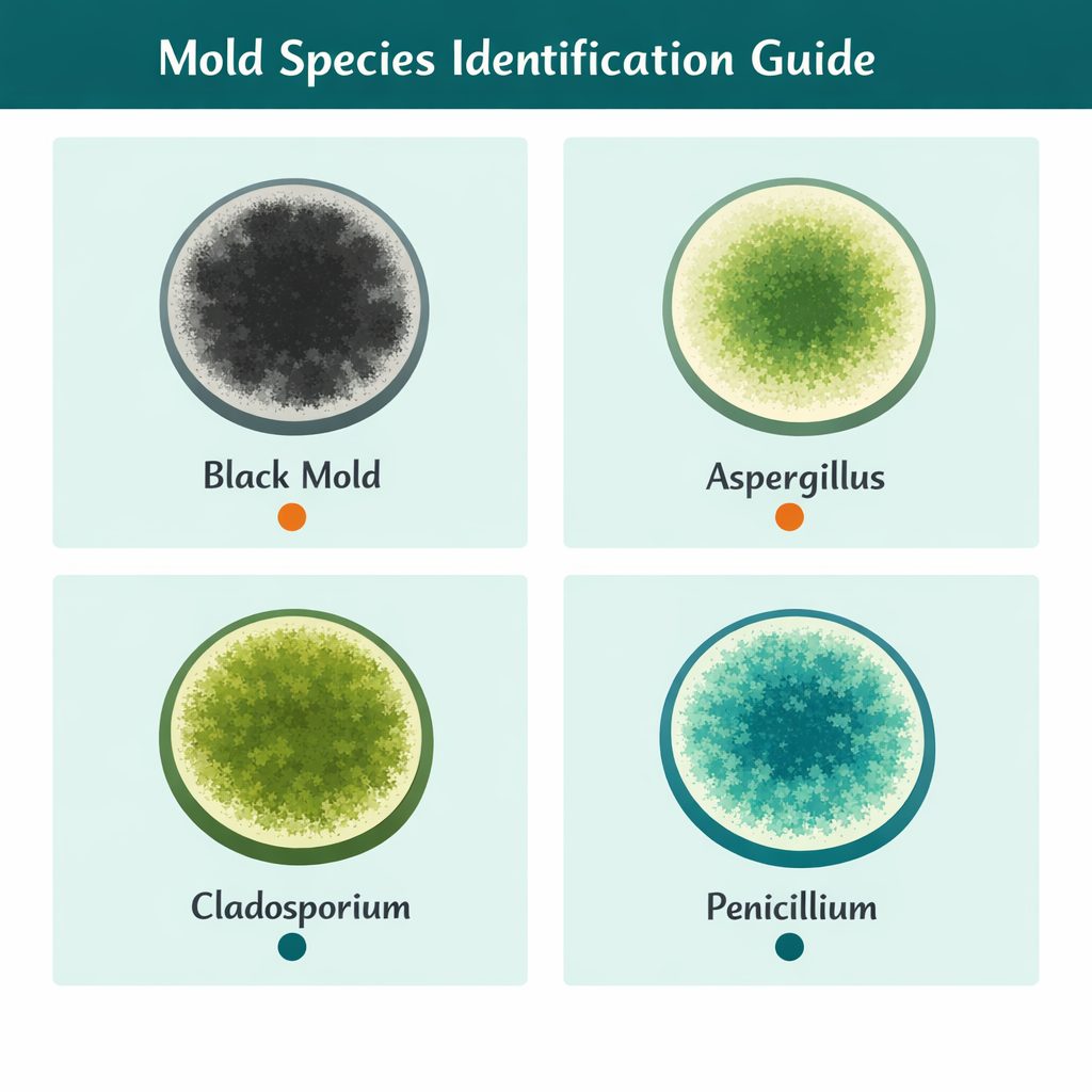 Mold species identification guide showing black mold, Aspergillus, Cladosporium, and Penicillium, with higher-risk and lower-risk colour coding, as found in Mississauga homes.