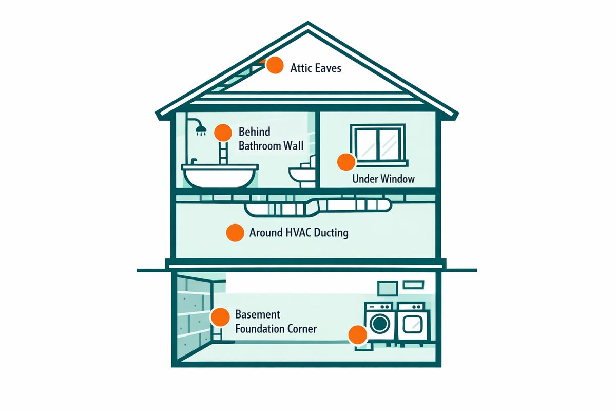 House cutaway showing where mold commonly hides in a Mississauga home: attic eaves, behind the bathroom wall, under windows, around HVAC ducting, and in the basement foundation corner.