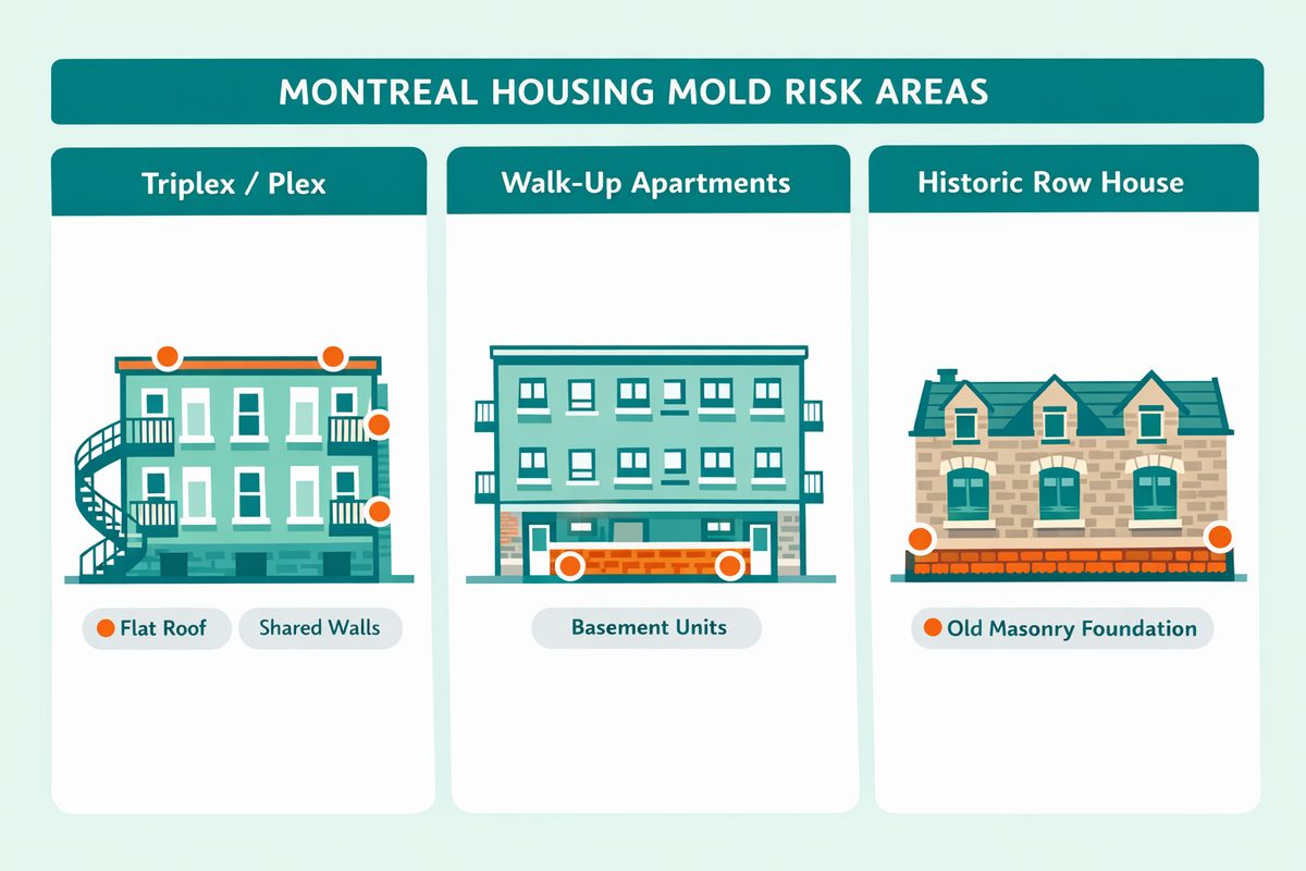 Mold risk areas in Montreal plexes, walk-up apartments, and historic stone homes