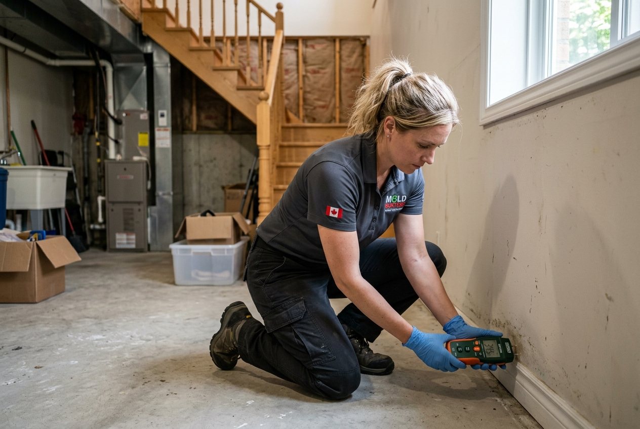 Mold Busters inspector kneeling in a basement using a moisture meter against a stained wall