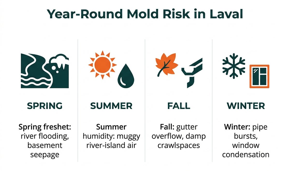 Year-round mold risk in Laval: spring river flooding and basement seepage, summer river-island humidity, fall gutter overflow, and winter pipe bursts and window condensation