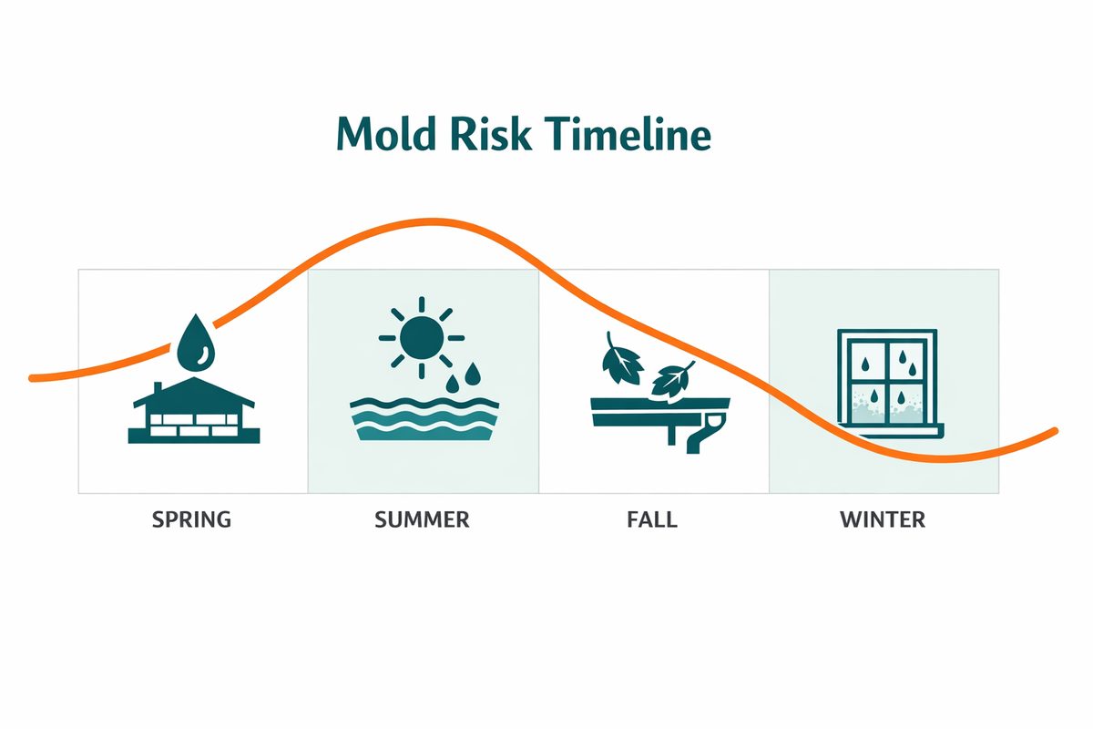Year-round mold risk in Mississauga: spring Credit River thaw and basement seepage, summer Lake Ontario shoreline humidity, fall gutter overflow, and winter window-frame condensation, where Mold Busters provides mold inspection and remediation.