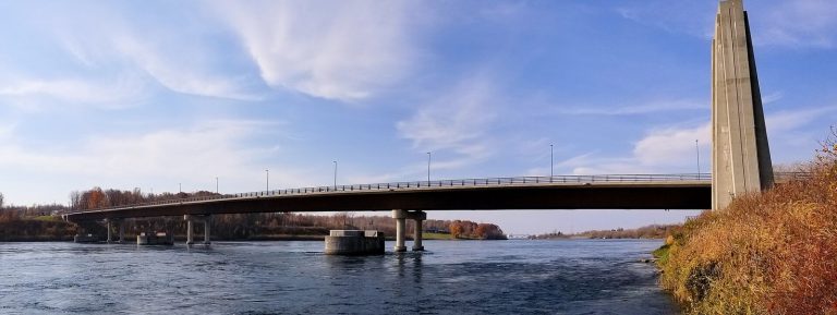 The Seaway International Bridge over the St. Lawrence at Cornwall, Ontario, within the Mold Busters Cornwall service area