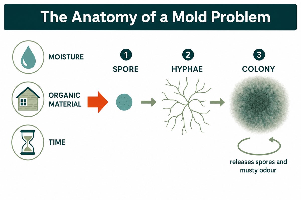 Infographic: the anatomy of a mold problem, from moisture, organic material and time to spore, hyphae and colony