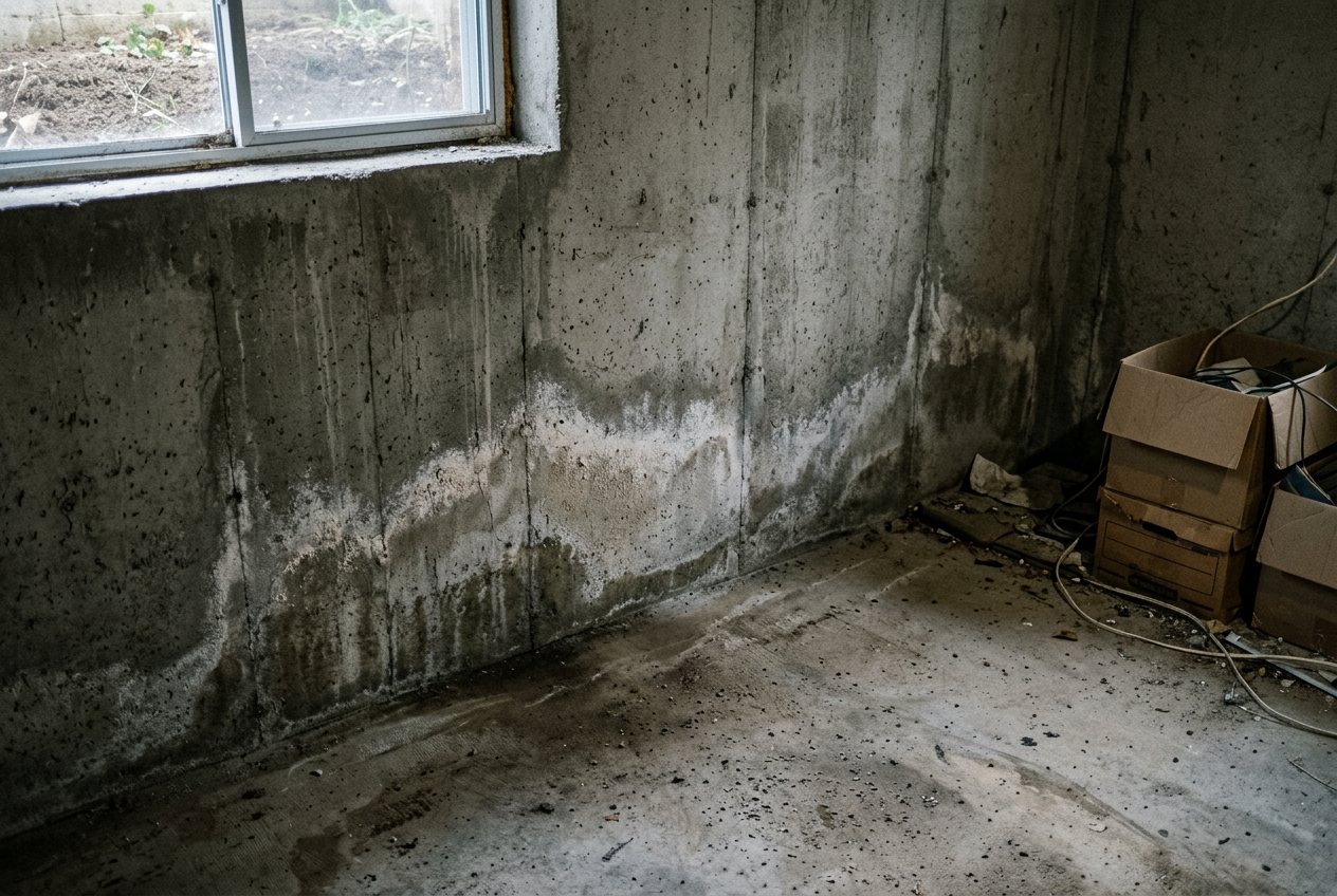 Moisture staining and efflorescence along a basement foundation wall, the pattern common in Brampton homes on Peel Plain clay