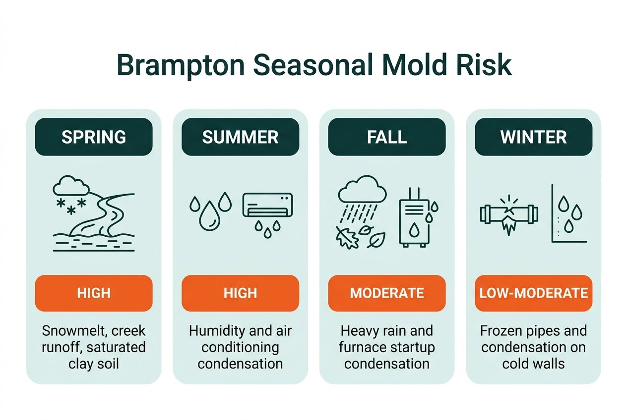 Seasonal mold risk timeline for Brampton showing spring snowmelt, summer humidity, fall rain and winter condensation