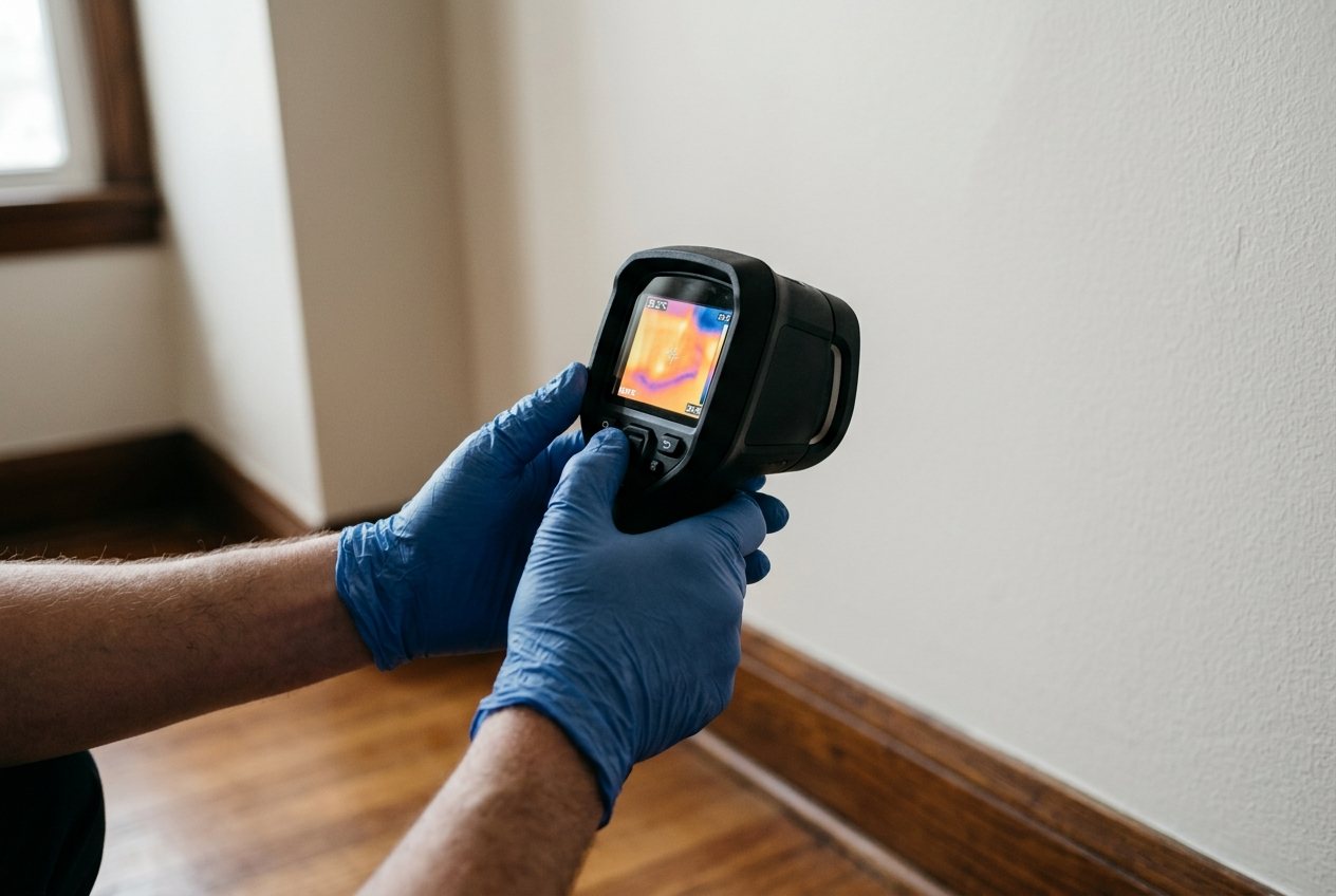 Inspector using a thermal imaging camera to locate hidden moisture behind a wall during a Brampton mold inspection