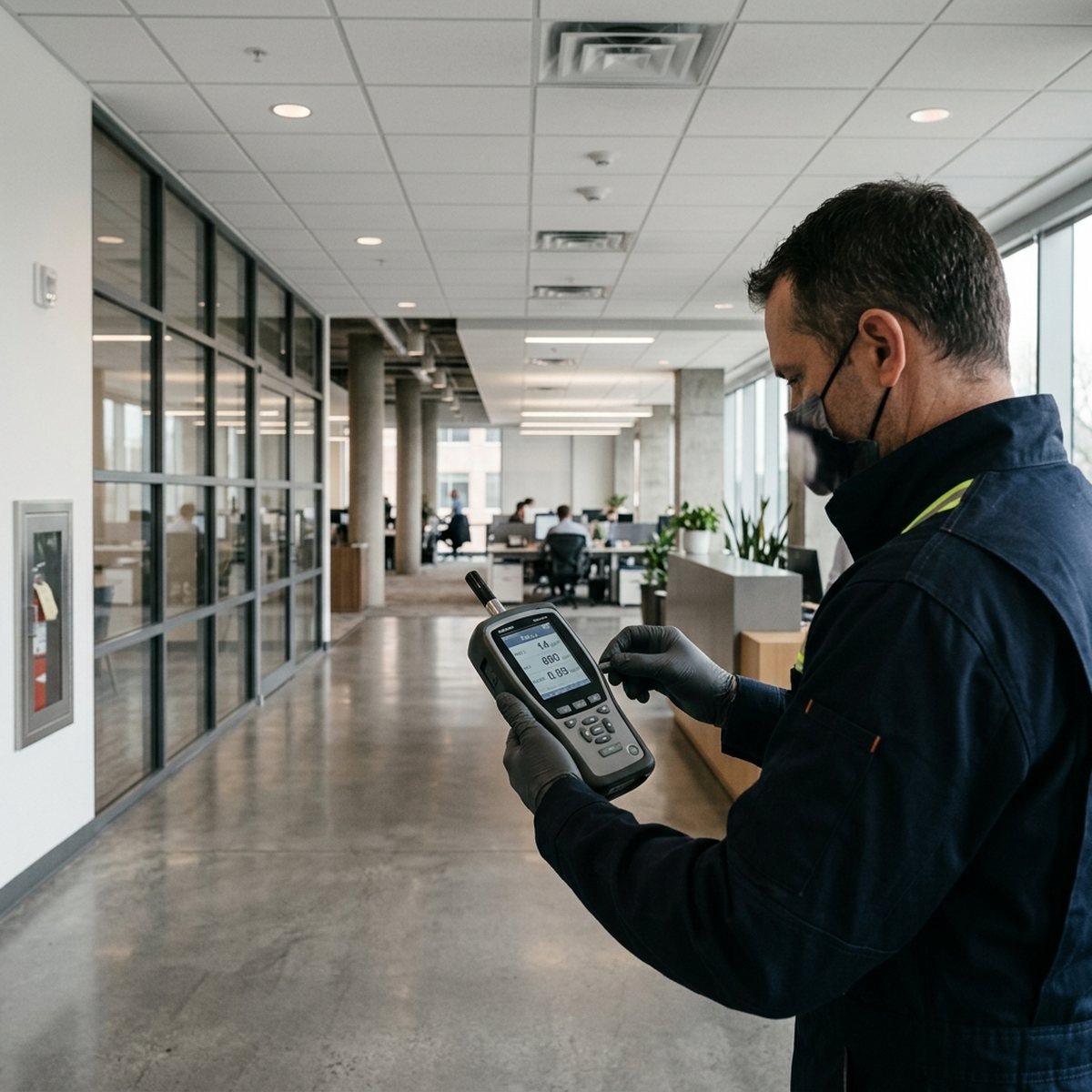 Mold Busters technician performing indoor air quality testing in a commercial office building corridor