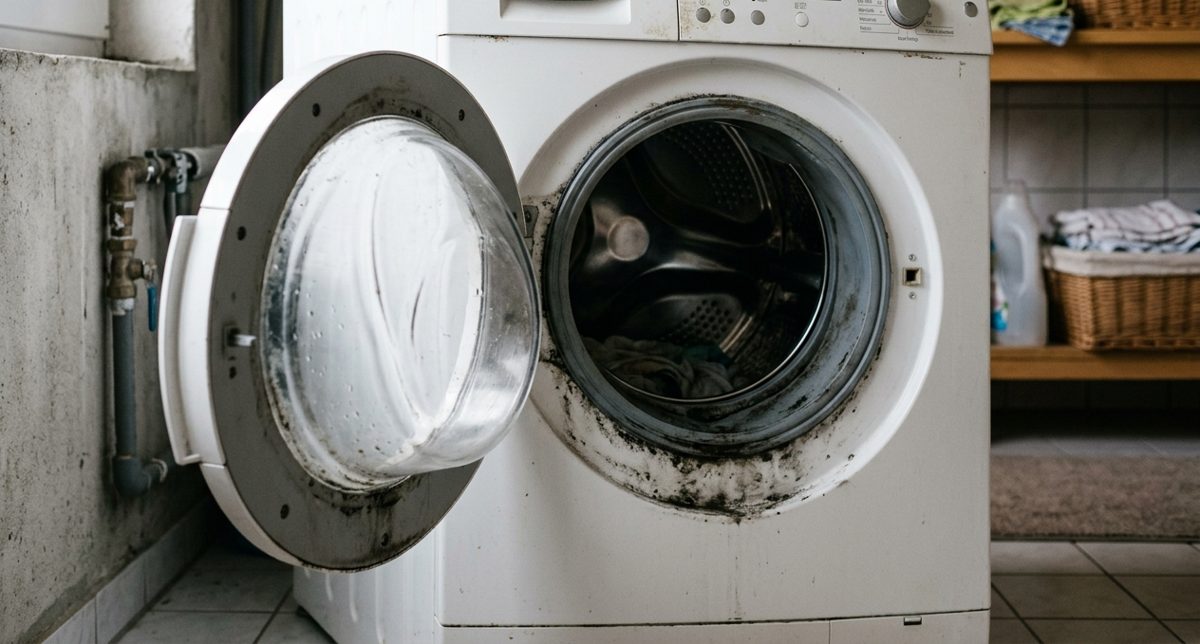 Open front-loading washing machine in a laundry room with black mold around the door seal