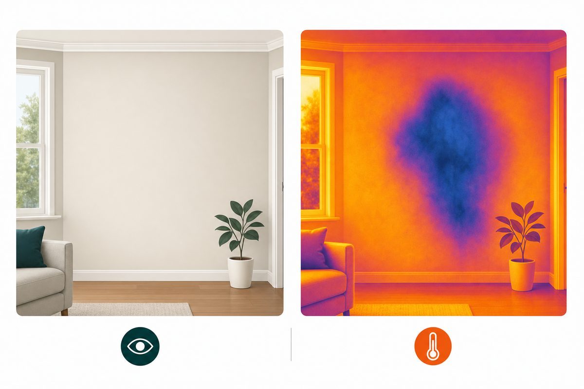 Infrared thermal view revealing hidden moisture in a wall next to a normal visible view