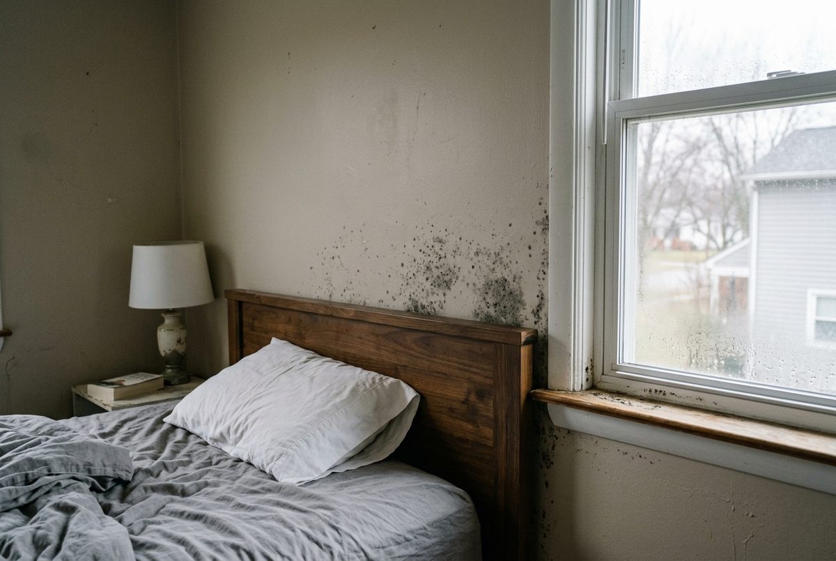 Black mold growing on a bedroom wall behind the headboard near a condensation-covered window