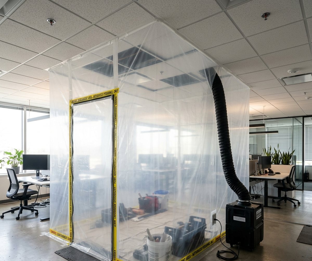 Mold remediation containment barrier and negative air machine set up inside an occupied commercial office