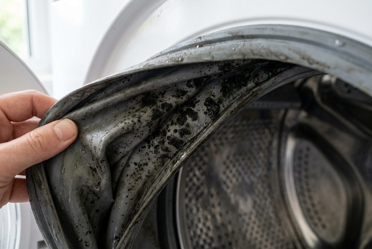 Close-up of black mold in the peeled-back rubber door gasket of a front-loading washing machine