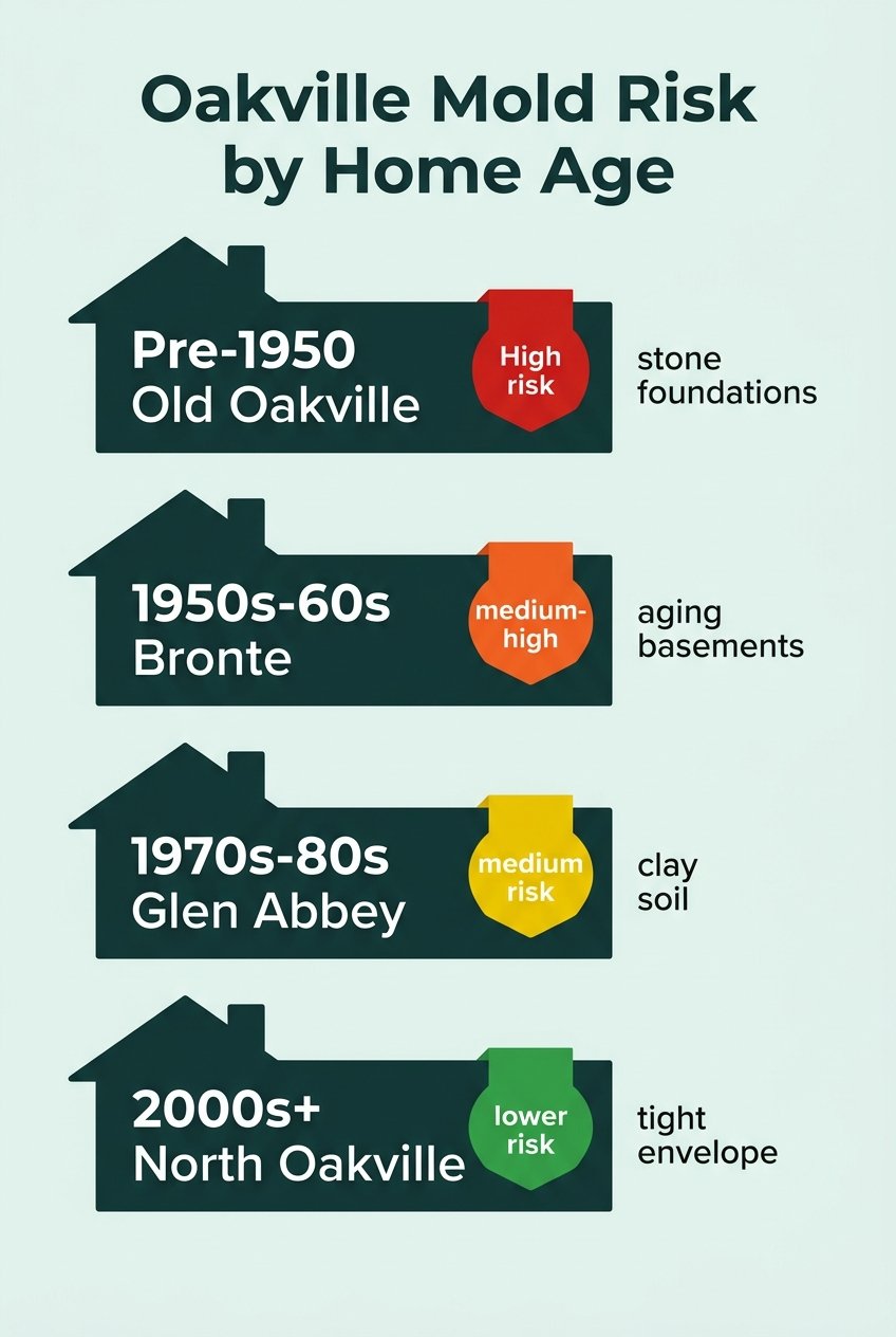 Infographic ranking Oakville mold risk by home age, from pre-1950 lakeshore homes to new North Oakville builds