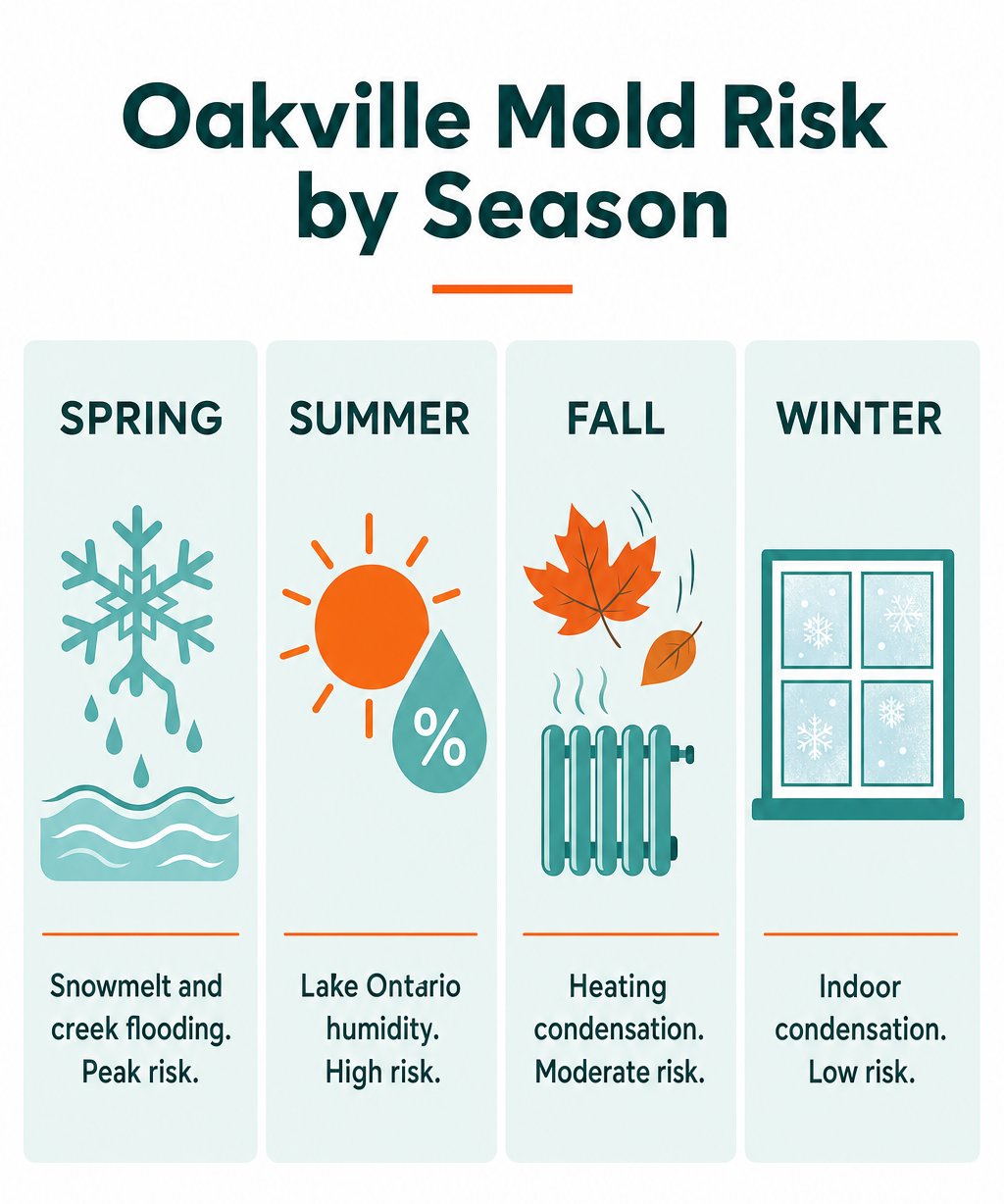Infographic showing Oakville mold risk by season, peaking in spring from snowmelt and creek flooding