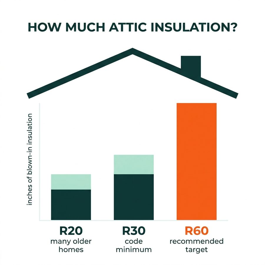 Attic insulation depth comparison: R20 in many older homes, R30 code minimum, R60 recommended target