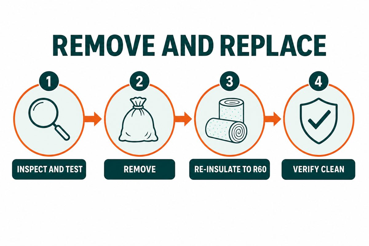 Four-step attic insulation remove and replace process: inspect and test, remove, re-insulate to R60, verify clean