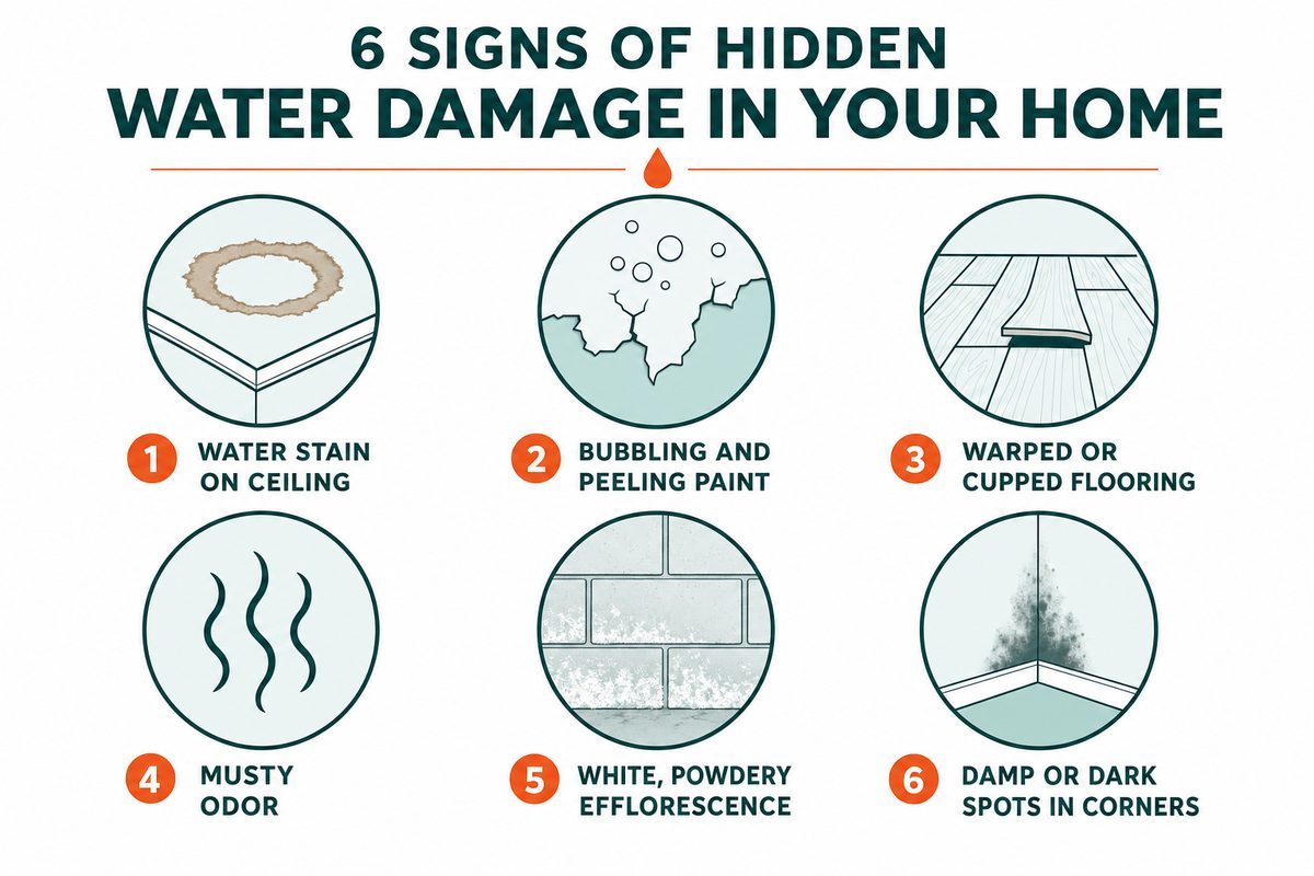 Six common signs of hidden water damage: ceiling stains, peeling paint, warped floors, musty odour, efflorescence, damp corners