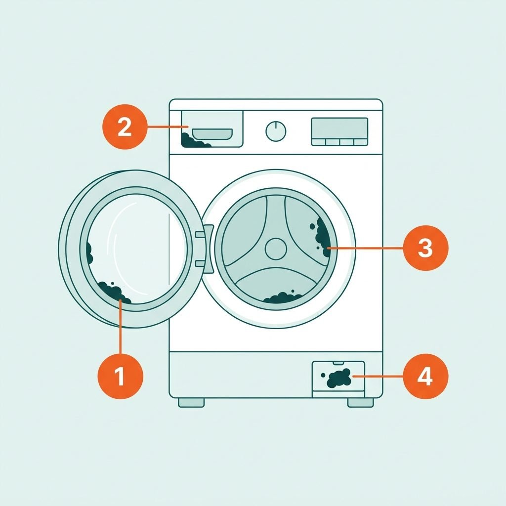 Infographic showing where mold hides in a washing machine: door gasket, detergent drawer, drum, and drain filter