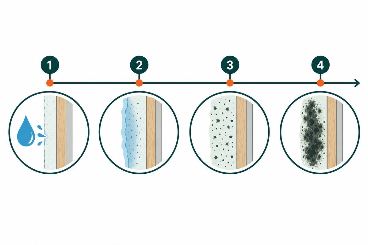 Timeline showing water damage turning into mold within 24 to 48 hours