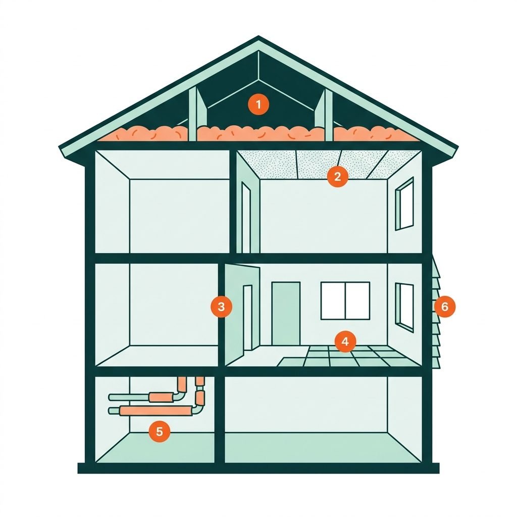 Cutaway illustration of a house showing where the different types of asbestos are commonly found: attic vermiculite, popcorn ceiling, wall plaster, floor tiles, pipe insulation, and cement siding