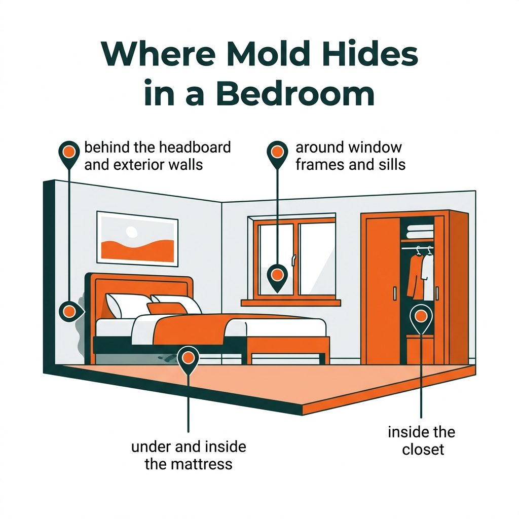 Infographic showing where mold hides in a bedroom: exterior walls, window frames, mattress, and closet