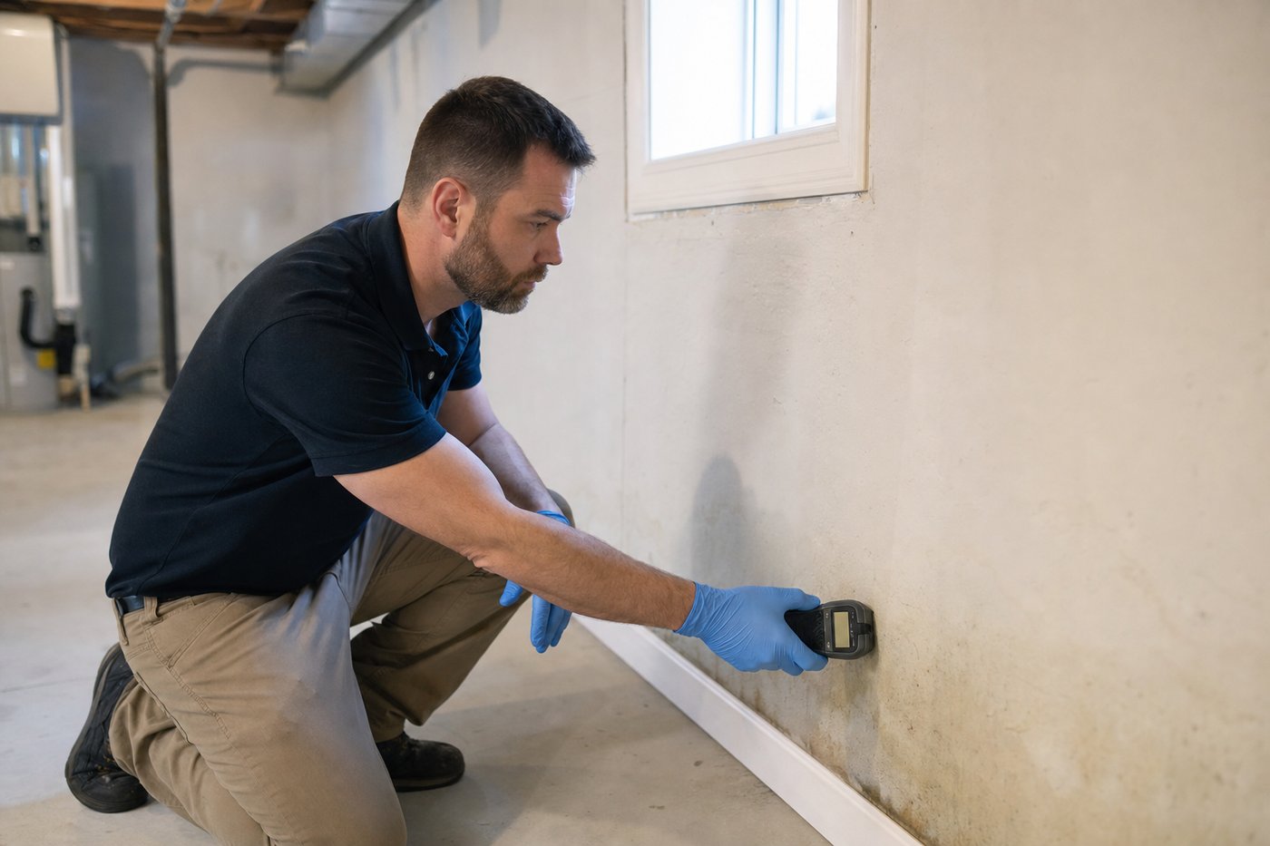 Mold Busters inspector using a moisture meter on a stained basement wall during a Markham mold inspection