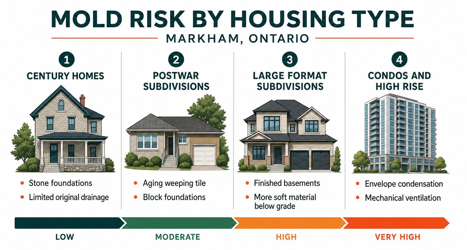 Chart comparing mold risk factors across Markham housing types from century homes to new high-rise construction