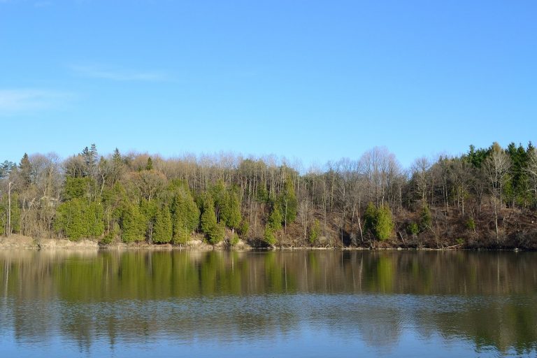 Milne Dam Conservation Park reservoir on the Rouge River in Markham, Ontario