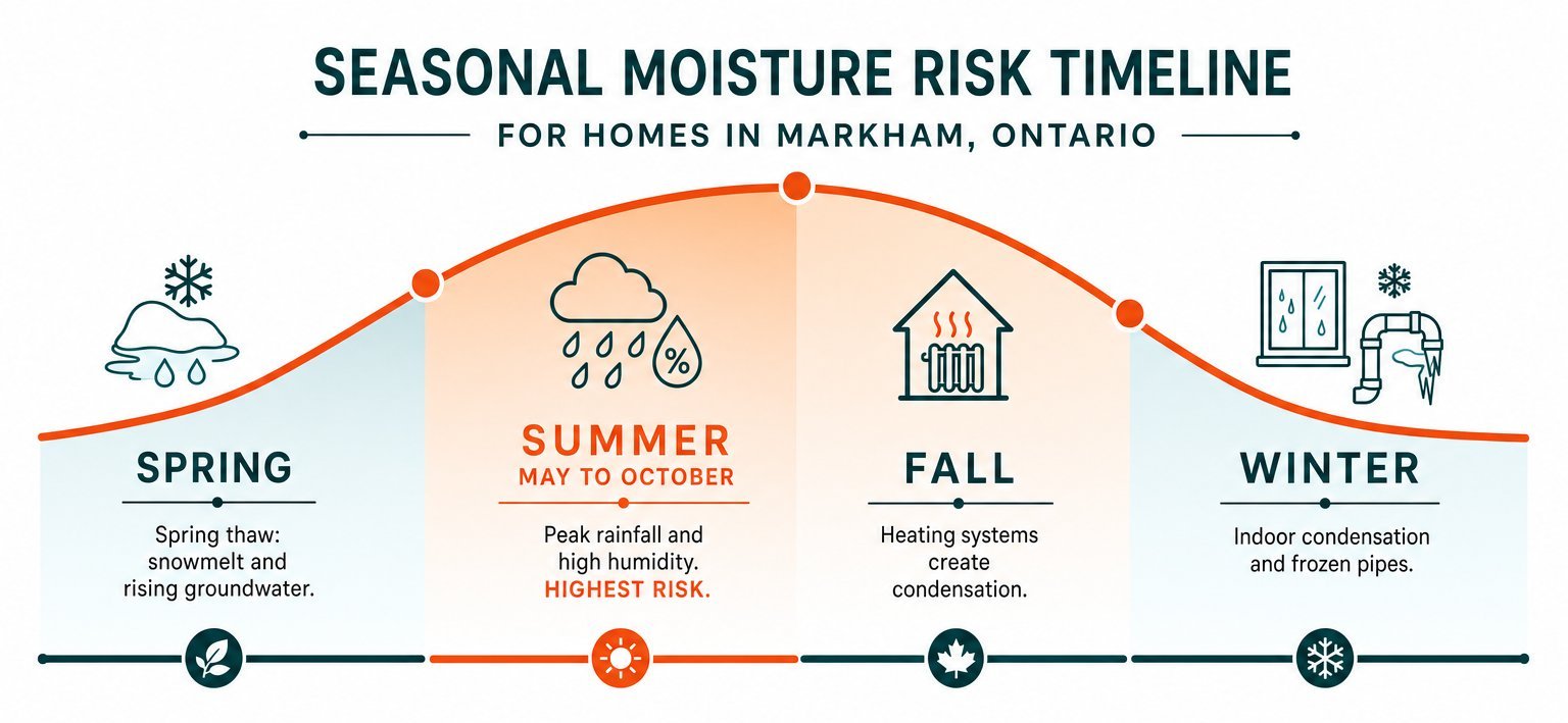 Seasonal moisture risk timeline for Markham homes showing peak humidity from May through October