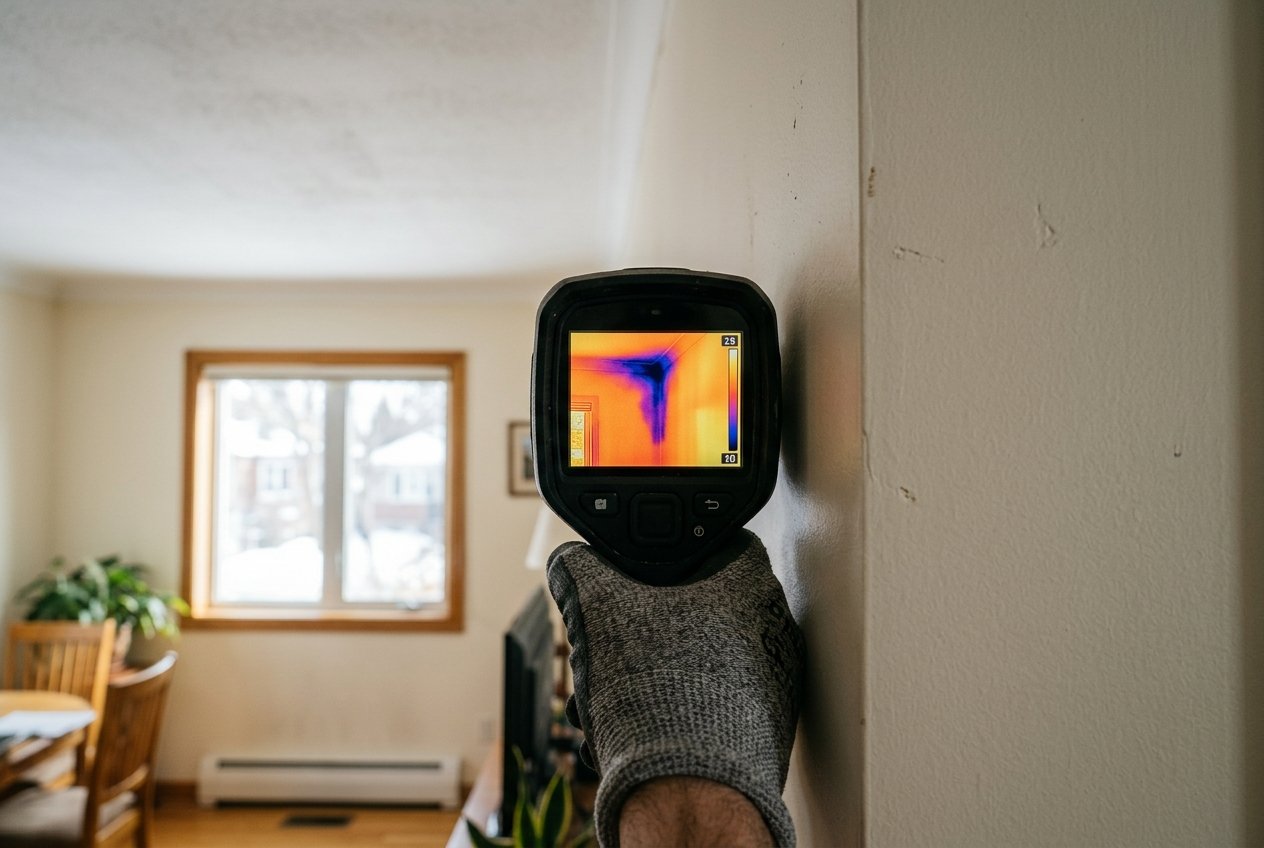 Thermal imaging camera showing a cool moisture plume in a wall and ceiling corner during a Markham mold inspection