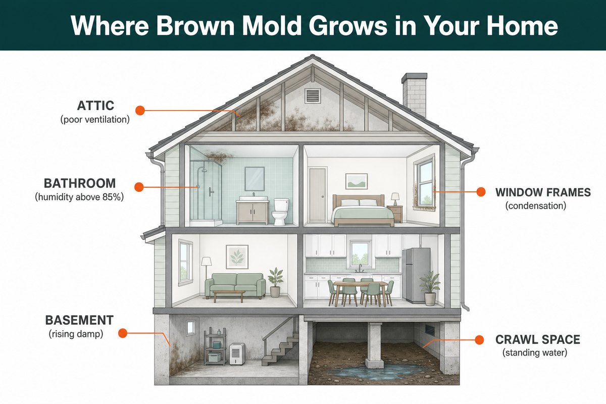 diagram showing where brown mold grows in a Canadian home and the moisture conditions behind it