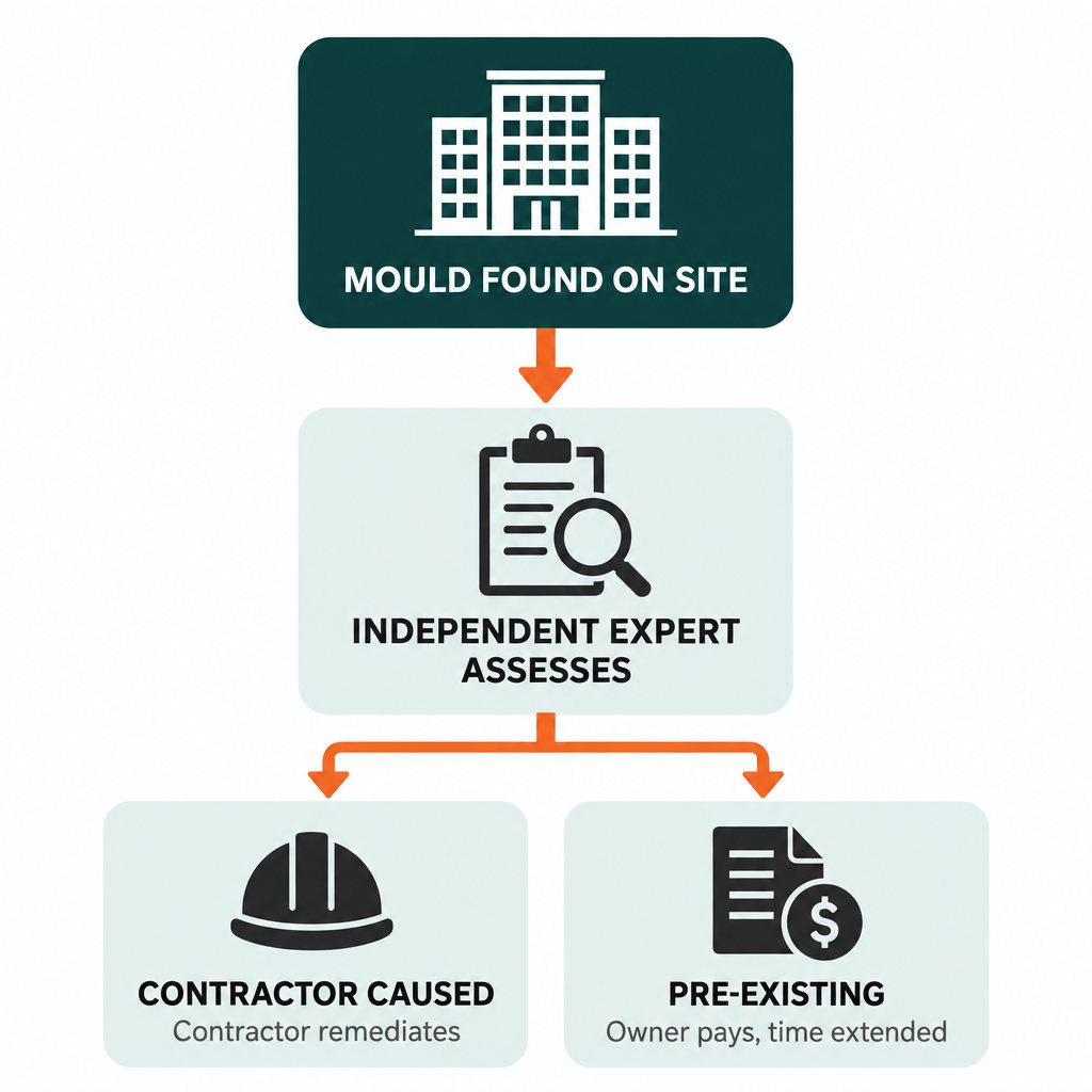 Flowchart of the CCDC 2 general condition 9.5 mould process, from a finding on site through independent expert assessment to either contractor-caused or pre-existing outcomes