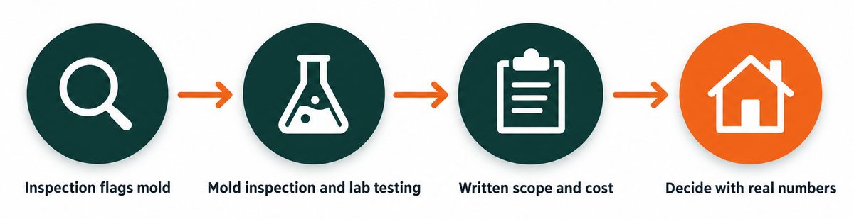 Four stage flow: inspection flags mold, then mold inspection and lab testing, then written scope and cost, then decide with real numbers