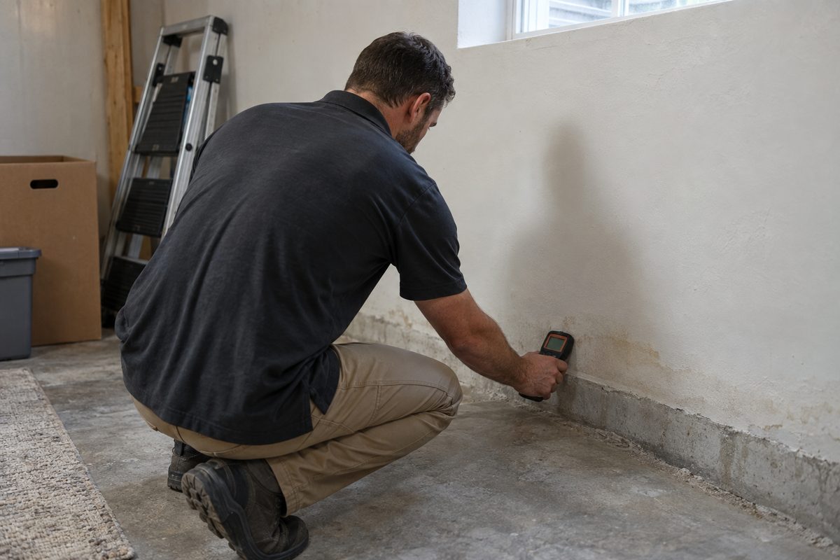Inspector holding a moisture meter against a stained basement wall during a pre-purchase mold inspection