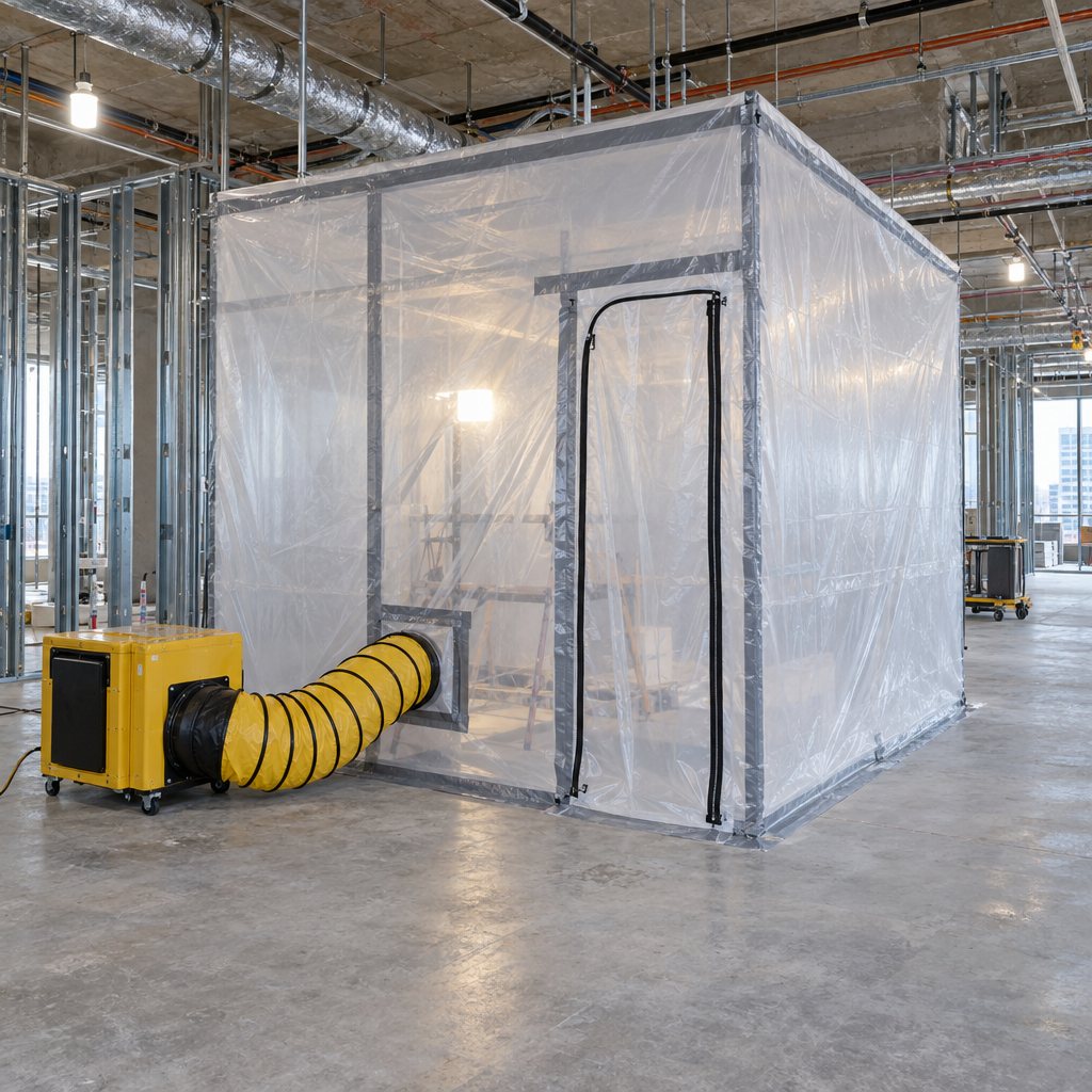 Sealed polyethylene mold containment enclosure with a negative air machine and ducting inside an active commercial construction site