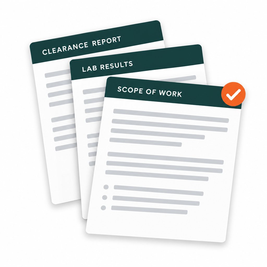 Illustration of the three documents that close out a mold remediation project: scope of work, laboratory results, and clearance report